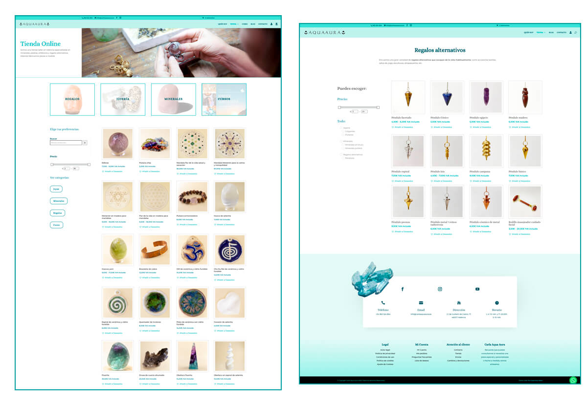 Diseño páginas Tienda online y Categoría de producto de la web de Carla Aqua Aura